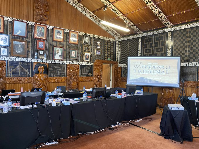 Waitangi Tribunal hearing set up inside a wharenui